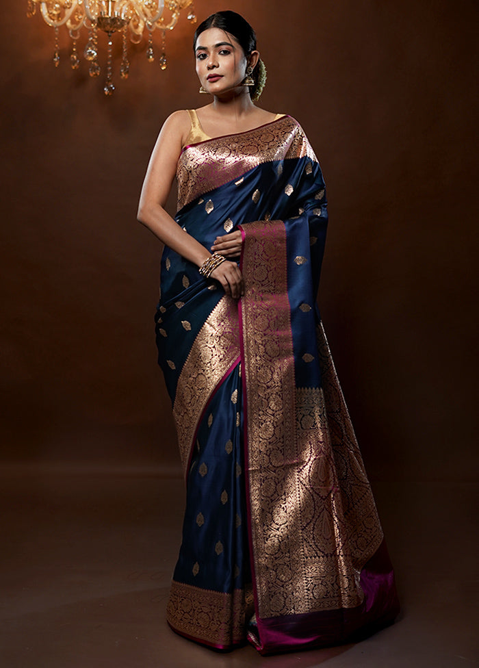 Blue Banarasi Silk Saree With Blouse Piece