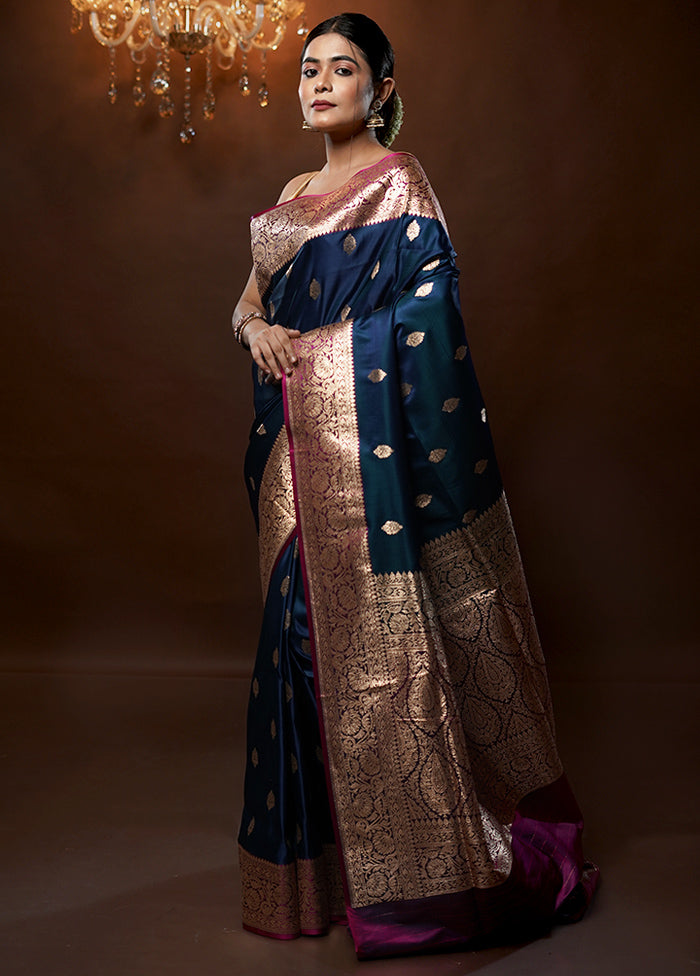 Blue Banarasi Silk Saree With Blouse Piece