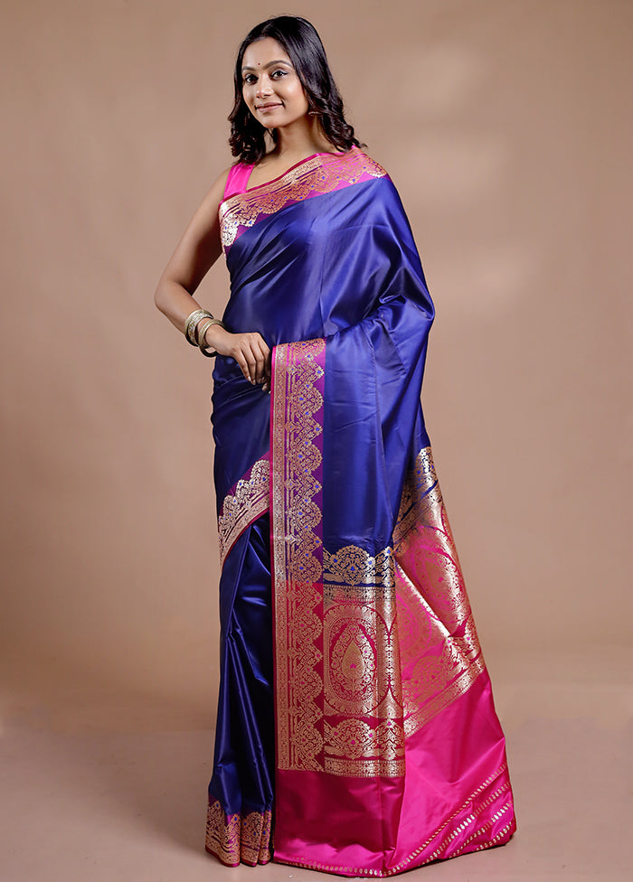 Blue Banarasi Silk Saree With Blouse Piece - Indian Silk House Agencies