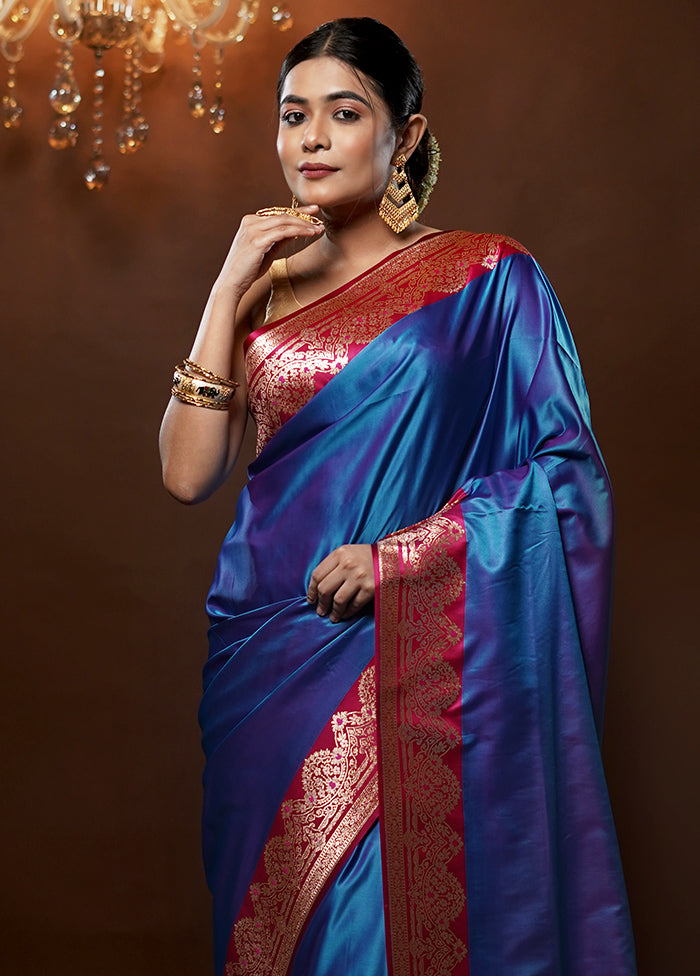 Blue Banarasi Silk Saree With Blouse Piece