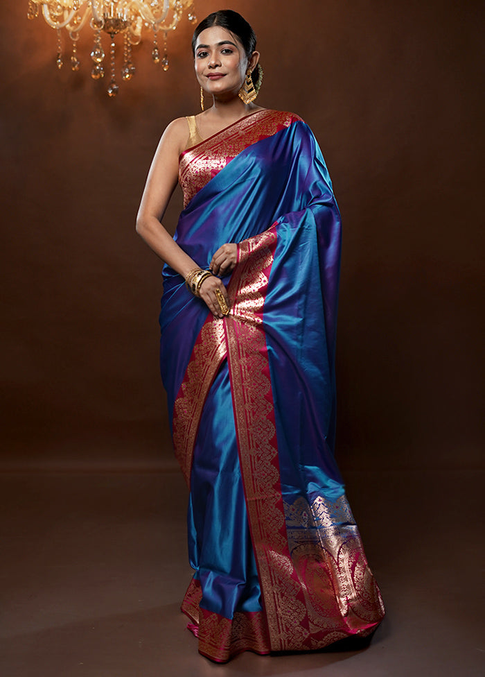 Blue Banarasi Silk Saree With Blouse Piece