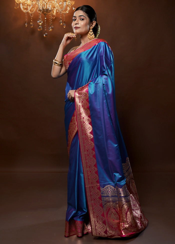 Blue Banarasi Silk Saree With Blouse Piece