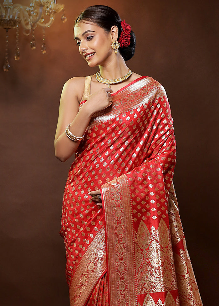 Red Banarasi Silk Saree With Blouse Piece