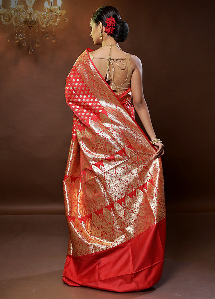 Red Banarasi Silk Saree With Blouse Piece