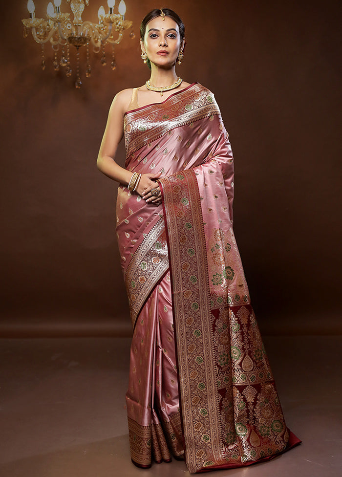 Pink Banarasi Silk Saree With Blouse Piece