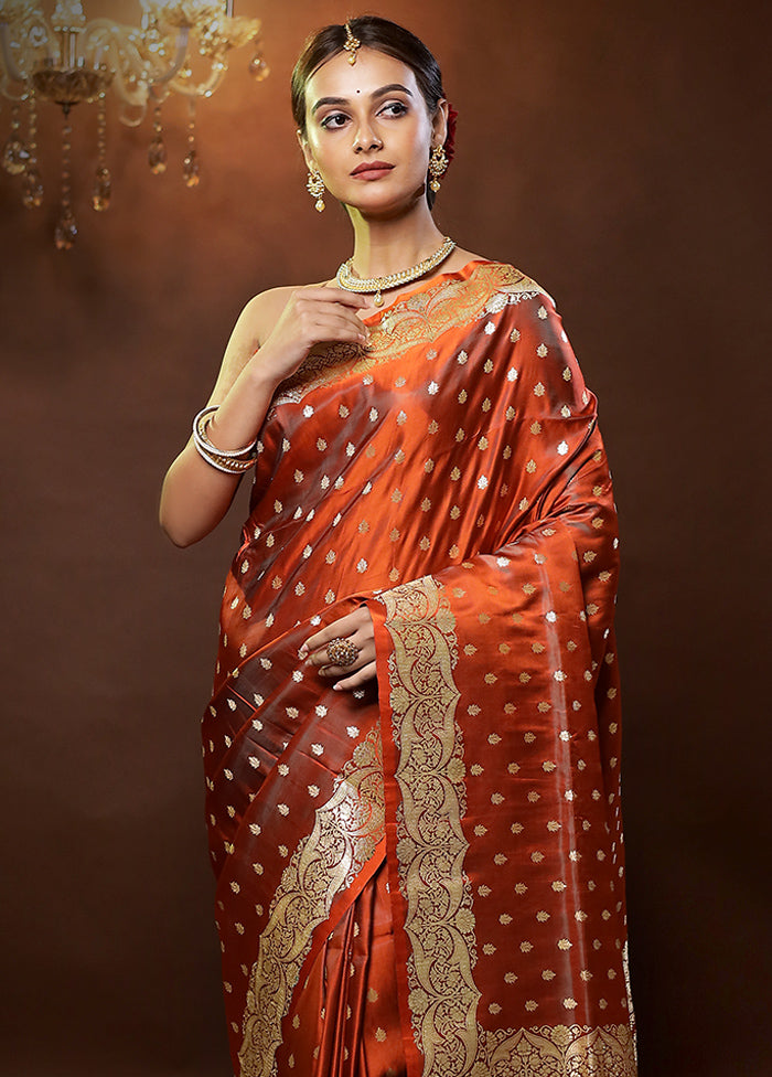 Orange Handloom Banarasi Pure Silk Saree With Blouse Piece - Indian Silk House Agencies