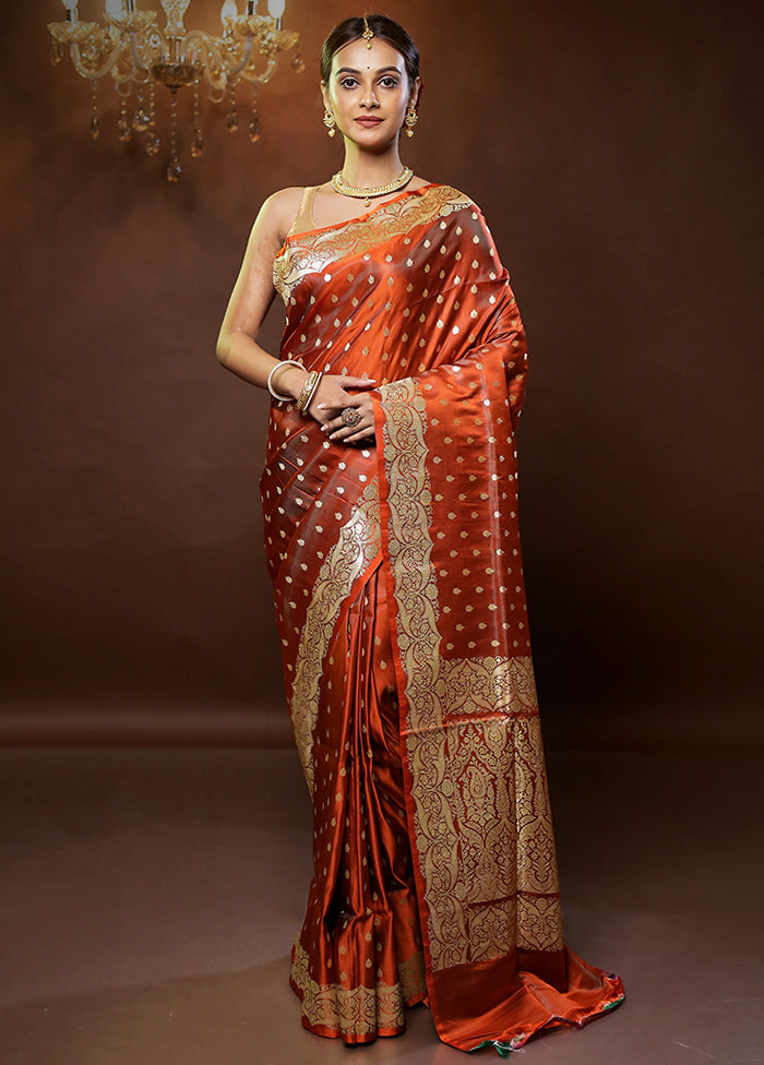 Orange Handloom Banarasi Pure Silk Saree With Blouse Piece