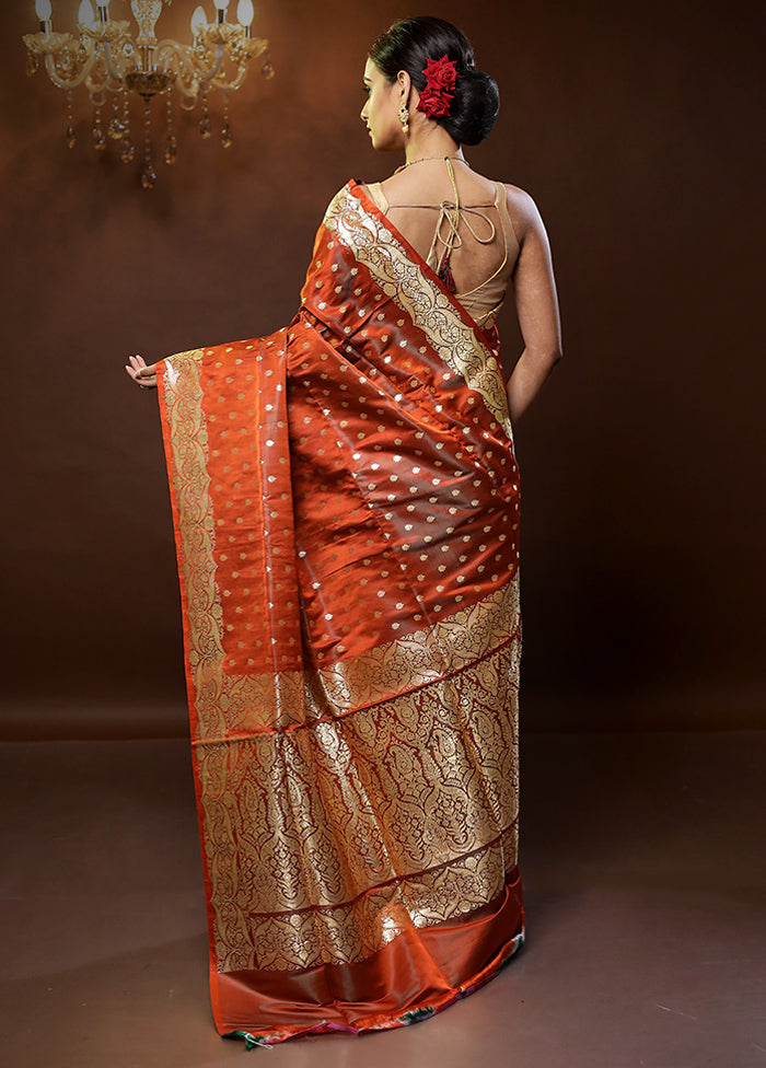 Orange Handloom Banarasi Pure Silk Saree With Blouse Piece