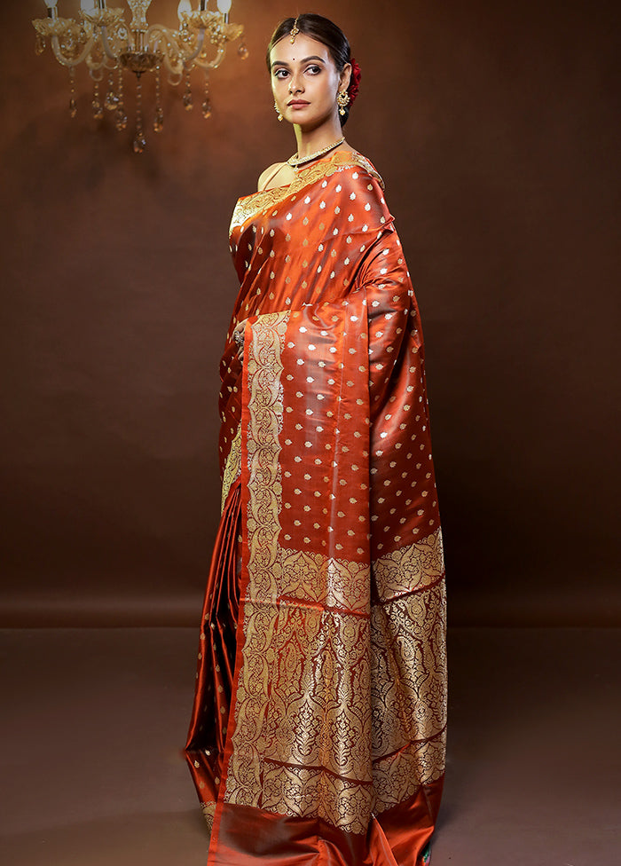Orange Handloom Banarasi Pure Silk Saree With Blouse Piece