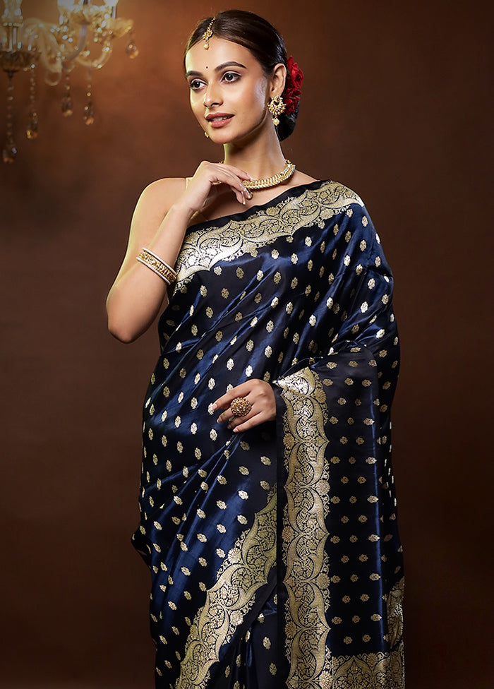 Blue Handloom Banarasi Pure Silk Saree With Blouse Piece