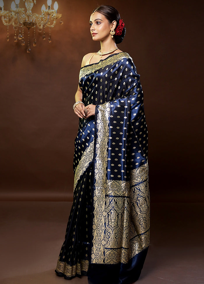 Blue Handloom Banarasi Pure Silk Saree With Blouse Piece