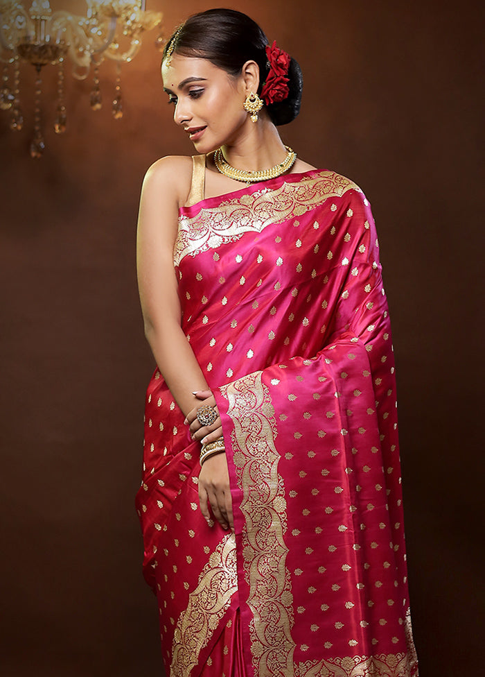 Pink Handloom Banarasi Pure Silk Saree With Blouse Piece - Indian Silk House Agencies