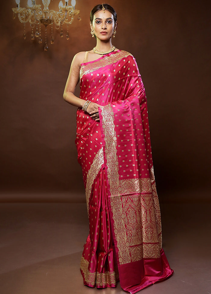 Pink Handloom Banarasi Pure Silk Saree With Blouse Piece