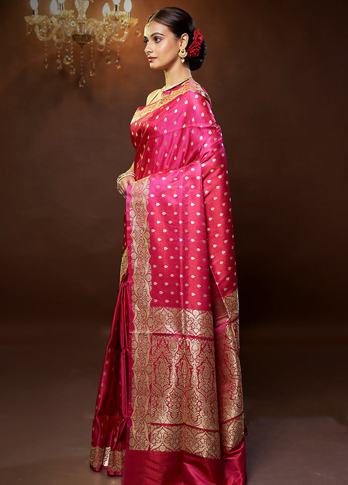 Pink Handloom Banarasi Pure Silk Saree With Blouse Piece