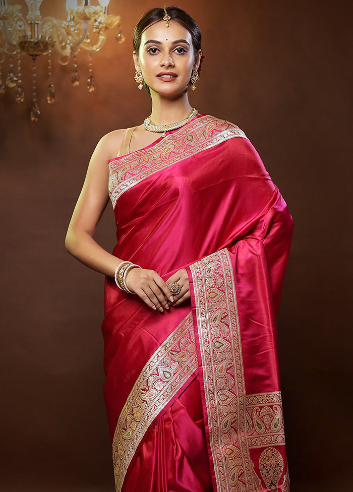 Pink Handloom Banarasi Pure Silk Saree With Blouse Piece - Indian Silk House Agencies