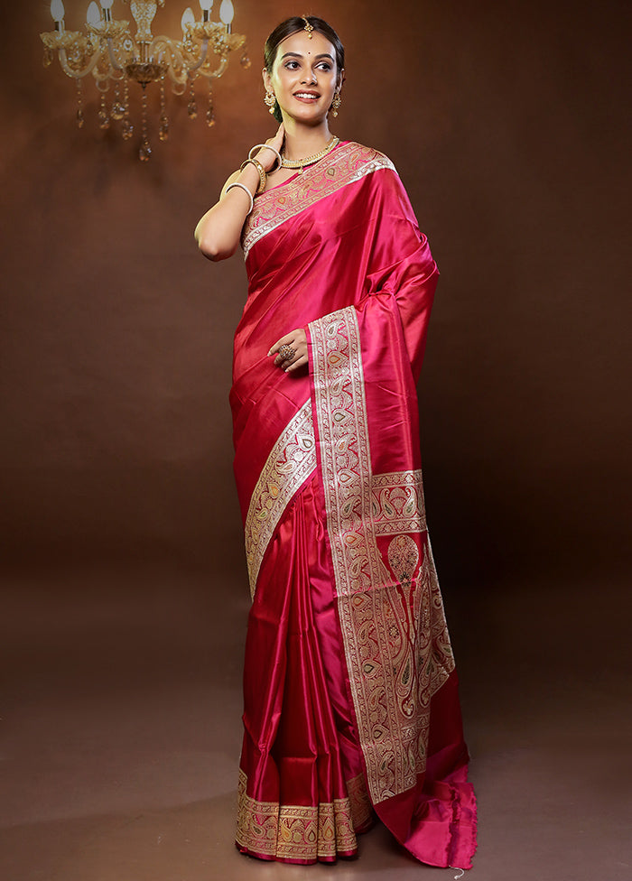 Pink Handloom Banarasi Pure Silk Saree With Blouse Piece - Indian Silk House Agencies