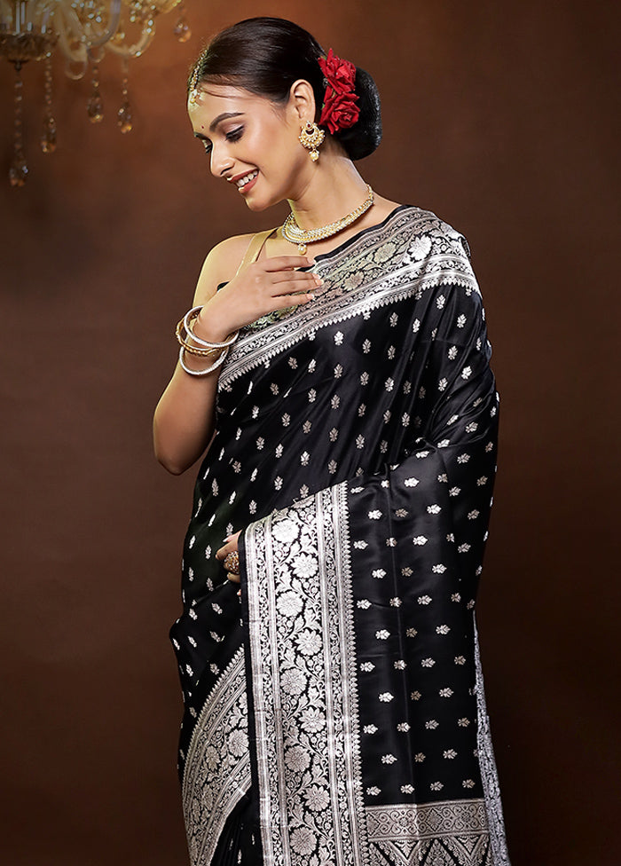 Black Handloom Banarasi Pure Silk Saree With Blouse Piece