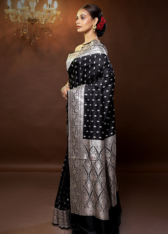 Black Handloom Banarasi Pure Silk Saree With Blouse Piece