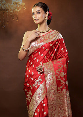 Red Handloom Banarasi Pure Silk Saree With Blouse Piece - Indian Silk House Agencies