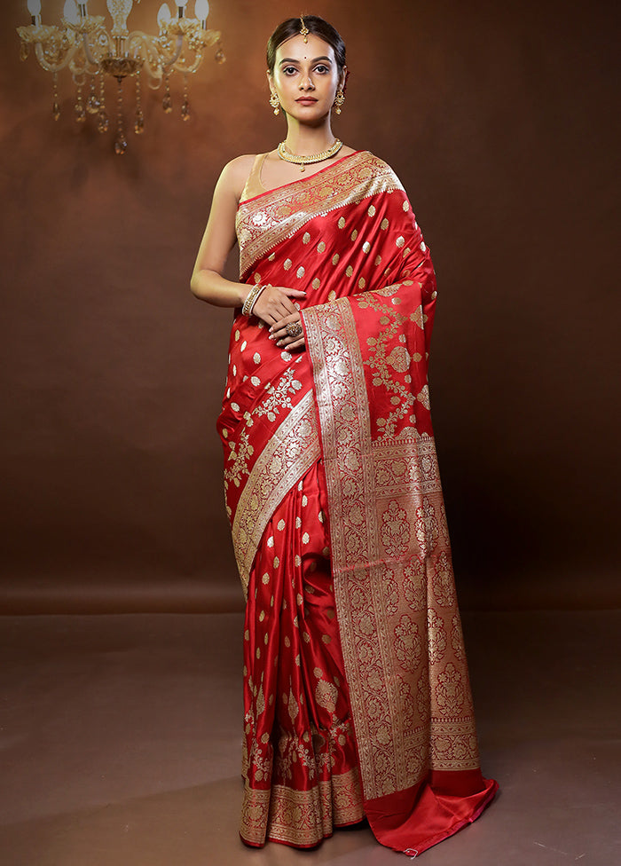 Red Handloom Banarasi Pure Silk Saree With Blouse Piece