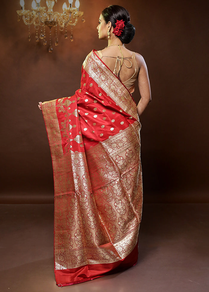 Red Handloom Banarasi Pure Silk Saree With Blouse Piece