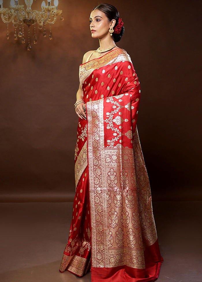 Red Handloom Banarasi Pure Silk Saree With Blouse Piece