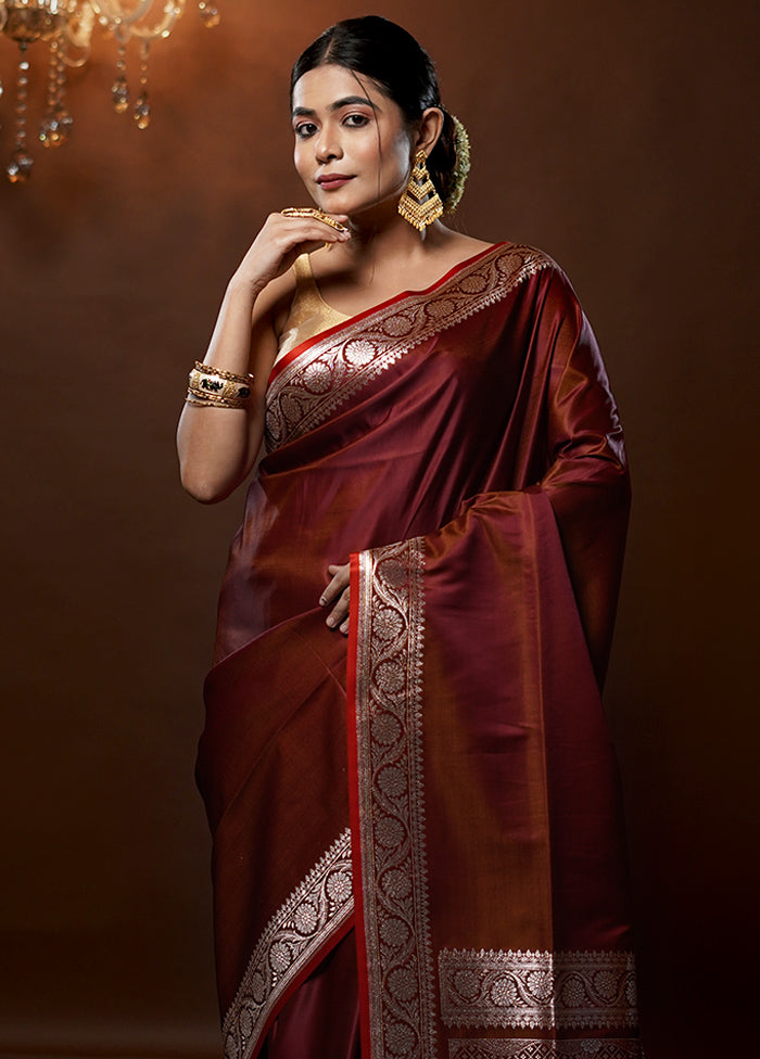 Maroon Banarasi Silk Saree With Blouse Piece