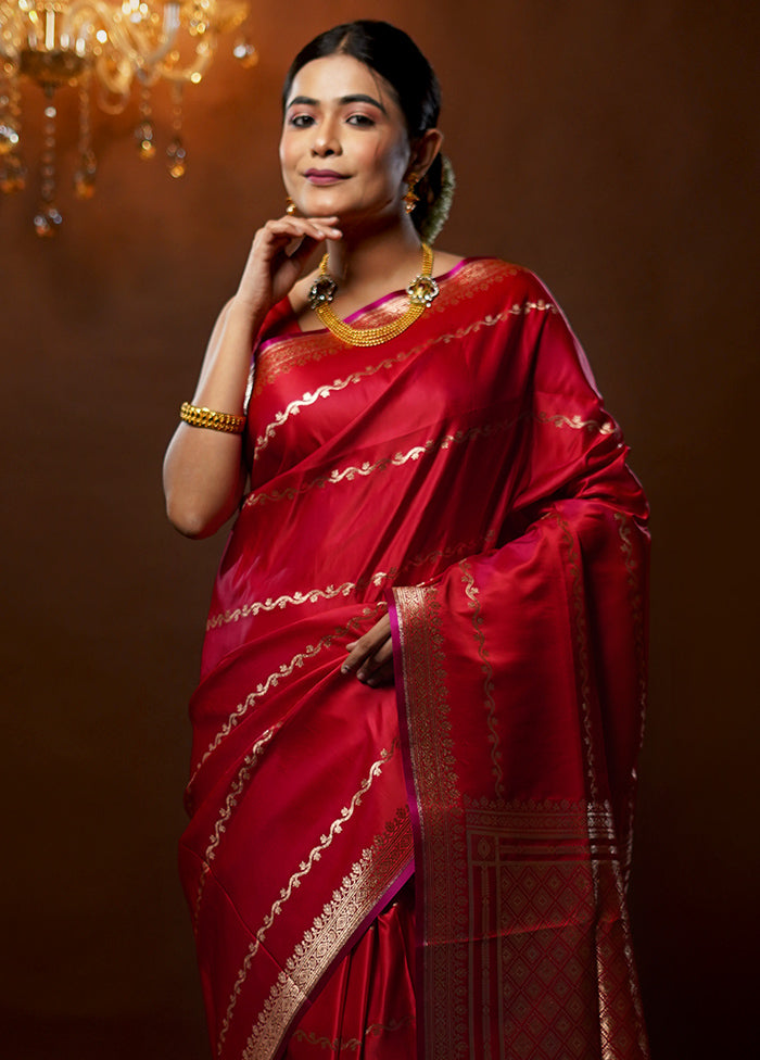 Red Banarasi Silk Saree With Blouse Piece