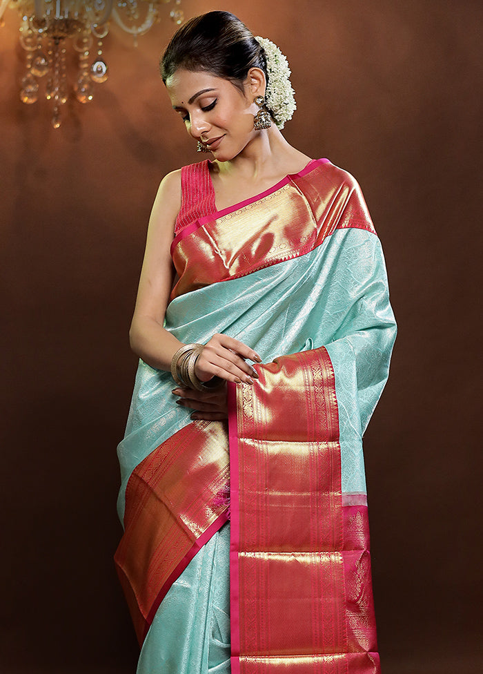 Blue Handloom Kanchipuram Pure Silk Saree With Blouse Piece - Indian Silk House Agencies