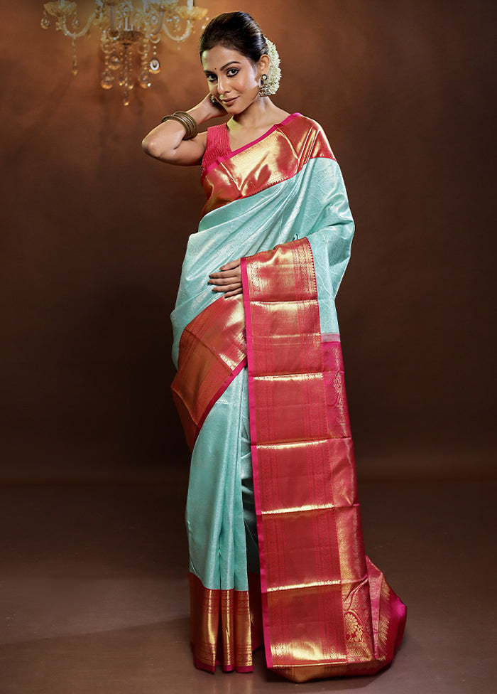 Blue Handloom Kanchipuram Pure Silk Saree With Blouse Piece