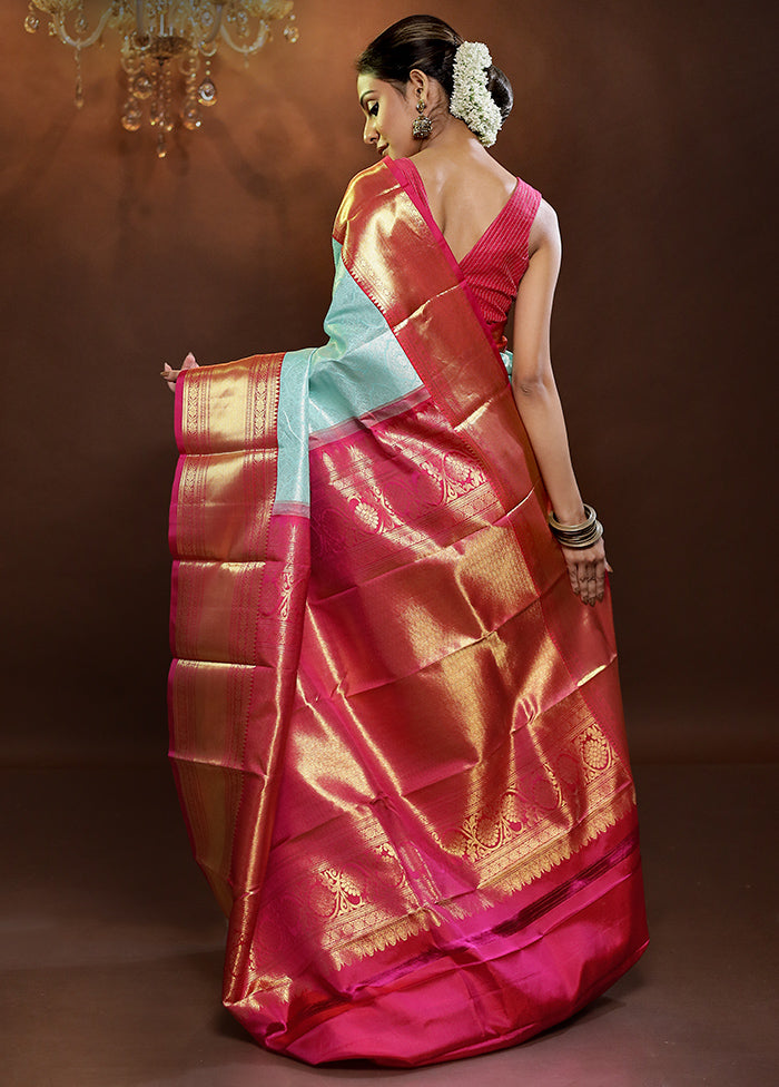 Blue Handloom Kanchipuram Pure Silk Saree With Blouse Piece - Indian Silk House Agencies