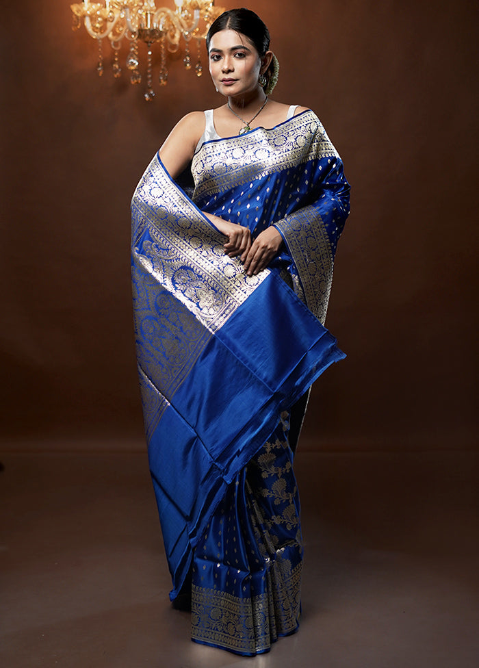 Blue Handloom Banarasi Pure Silk Saree With Blouse Piece