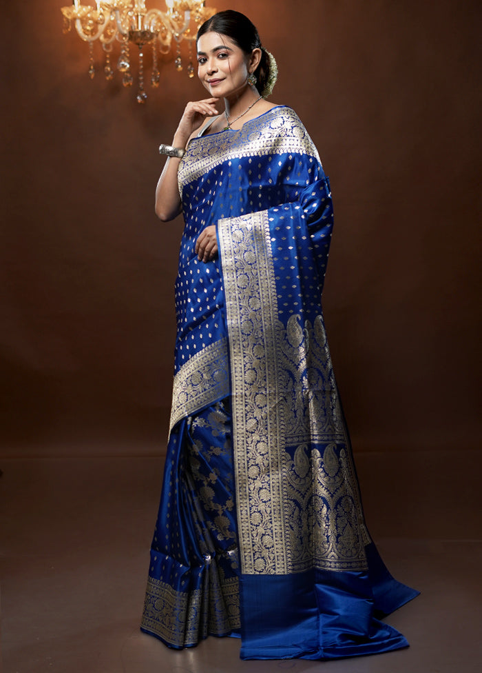 Blue Handloom Banarasi Pure Silk Saree With Blouse Piece - Indian Silk House Agencies