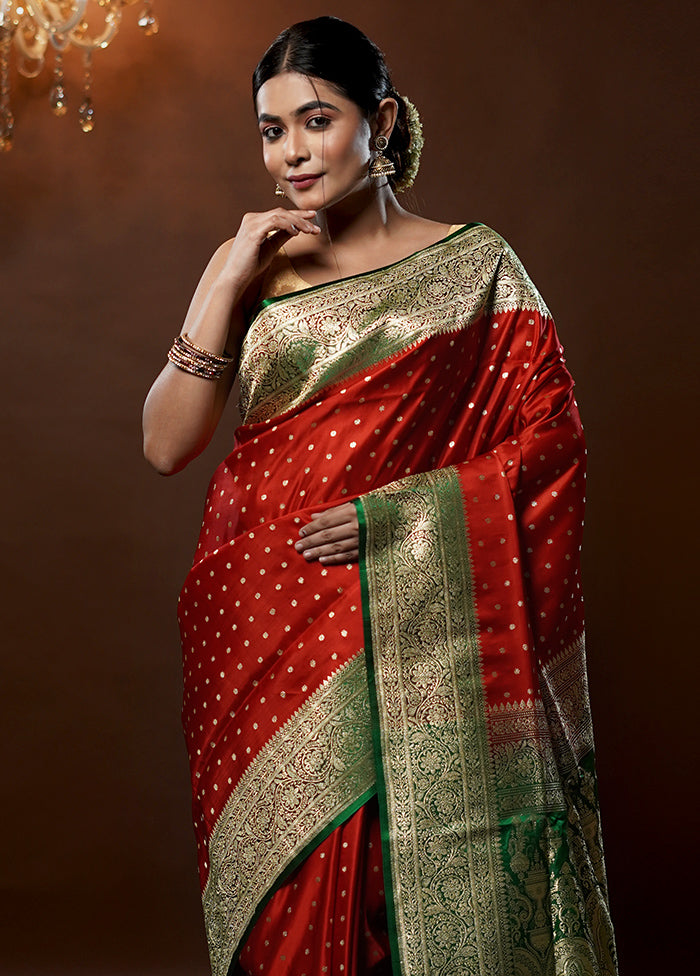 Red Handloom Banarasi Pure Silk Saree With Blouse Piece - Indian Silk House Agencies