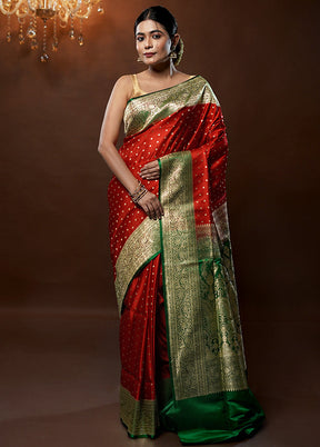 Red Handloom Banarasi Pure Silk Saree With Blouse Piece - Indian Silk House Agencies
