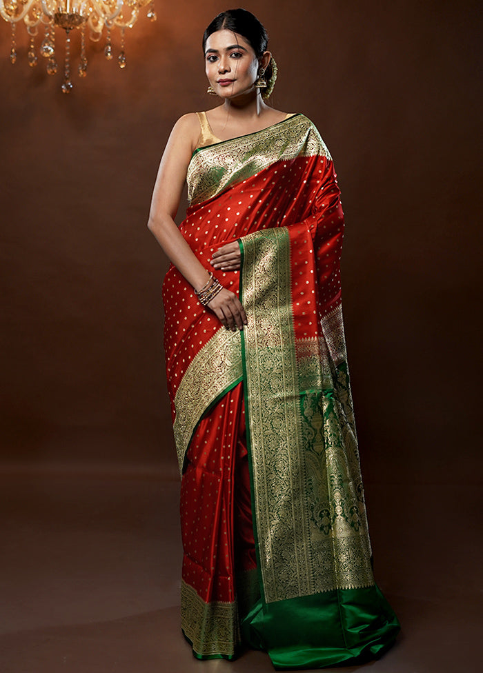 Red Handloom Banarasi Pure Silk Saree With Blouse Piece