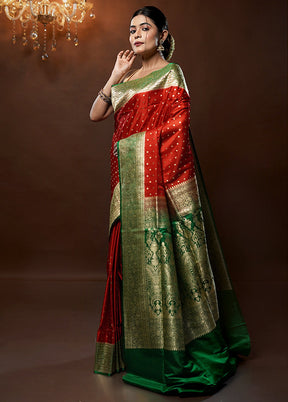 Red Handloom Banarasi Pure Silk Saree With Blouse Piece - Indian Silk House Agencies