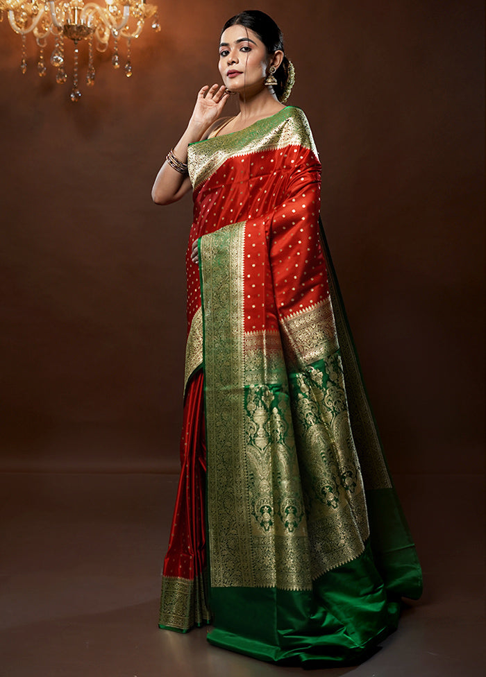 Red Handloom Banarasi Pure Silk Saree With Blouse Piece - Indian Silk House Agencies