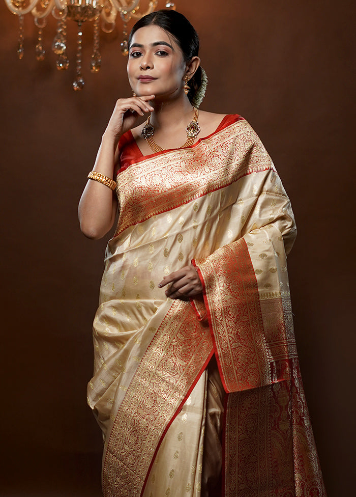 Cream Handloom Banarasi Pure Silk Saree With Blouse Piece - Indian Silk House Agencies