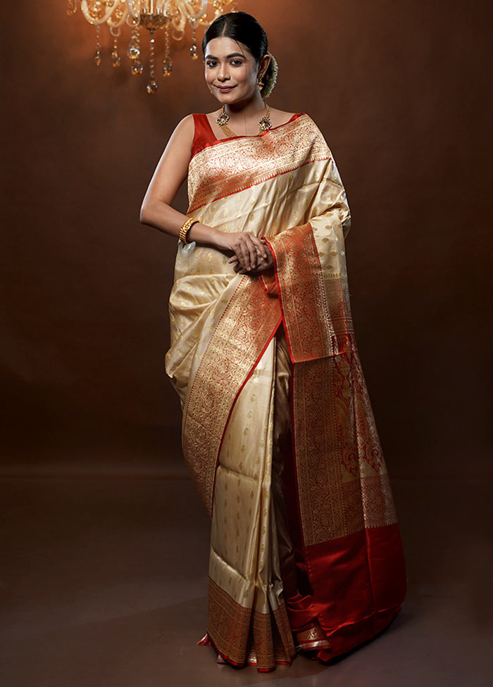 Cream Handloom Banarasi Pure Silk Saree With Blouse Piece - Indian Silk House Agencies