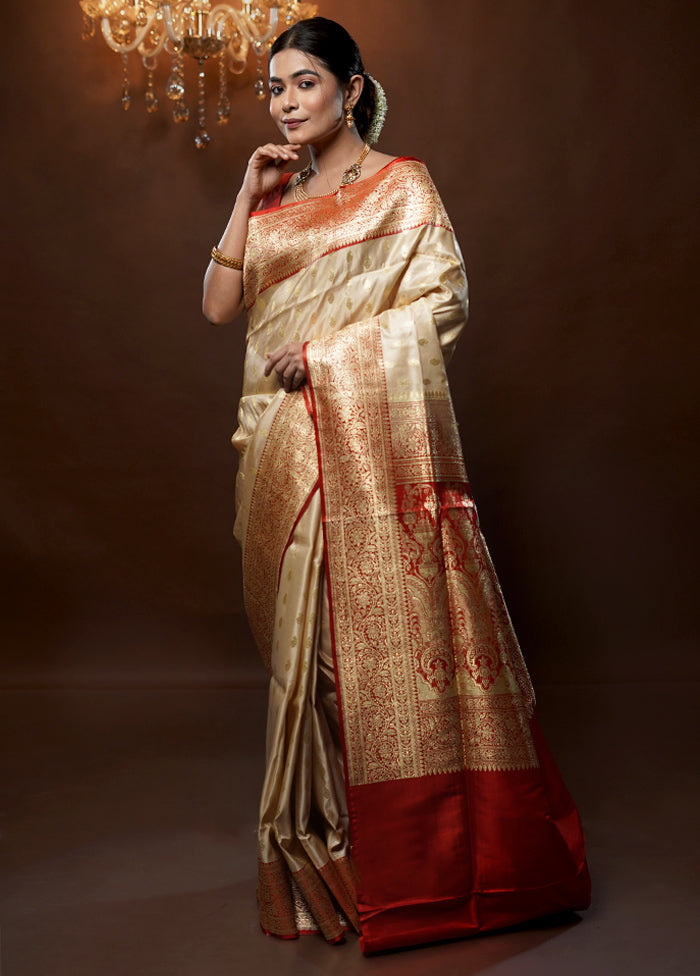 Cream Handloom Banarasi Pure Silk Saree With Blouse Piece - Indian Silk House Agencies