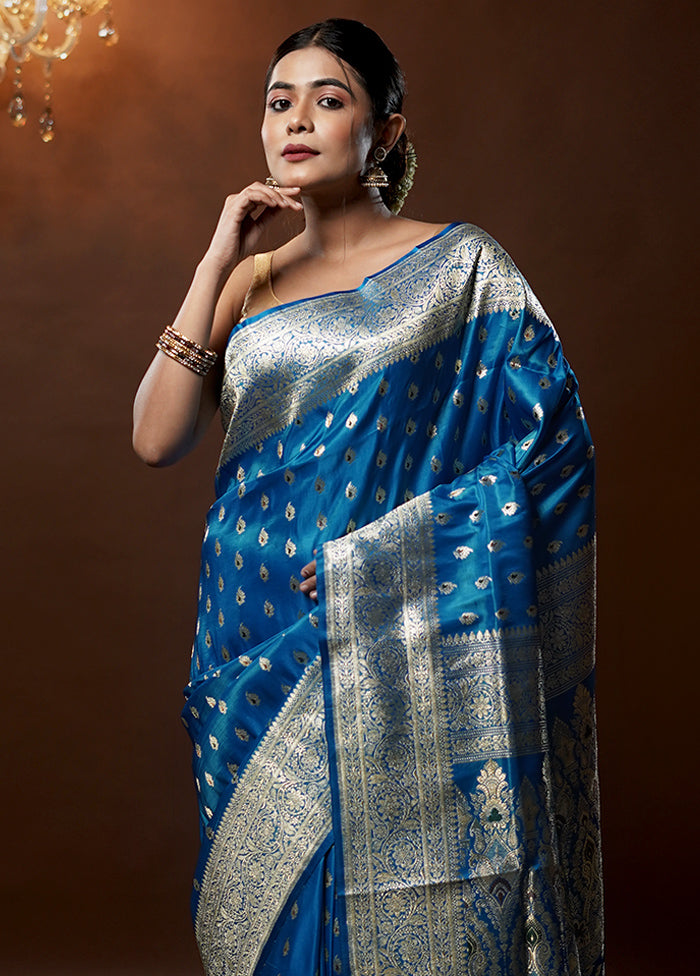 Blue Handloom Banarasi Pure Silk Saree With Blouse Piece