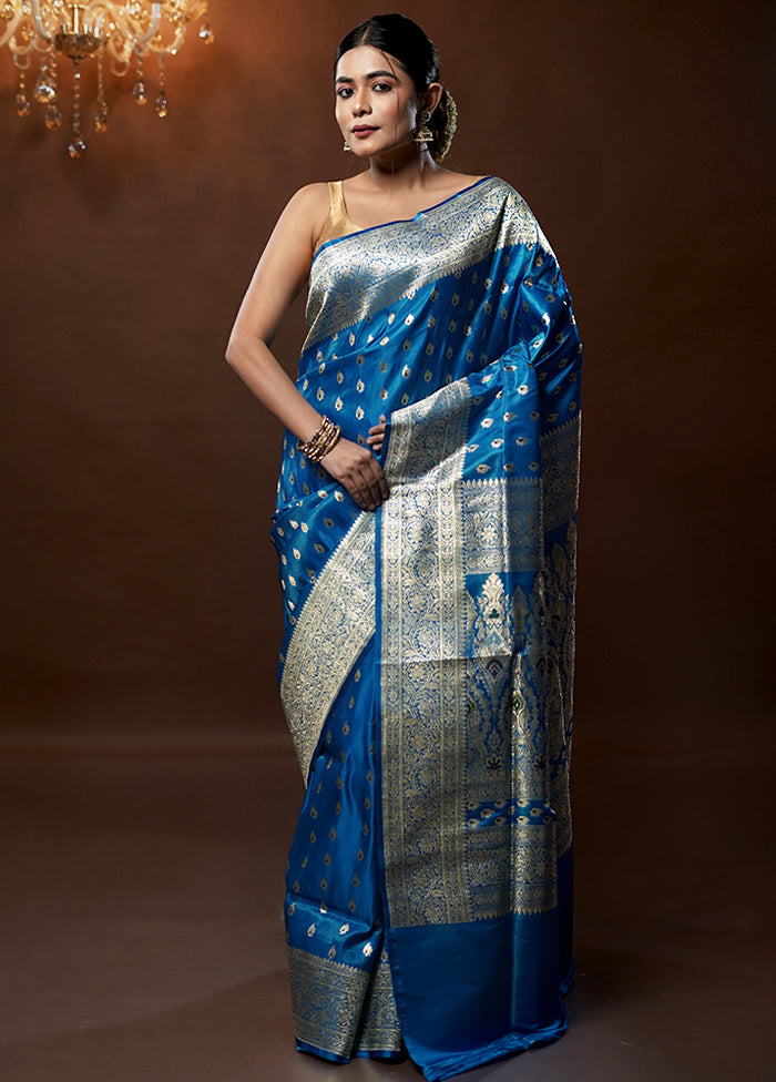 Blue Handloom Banarasi Pure Silk Saree With Blouse Piece