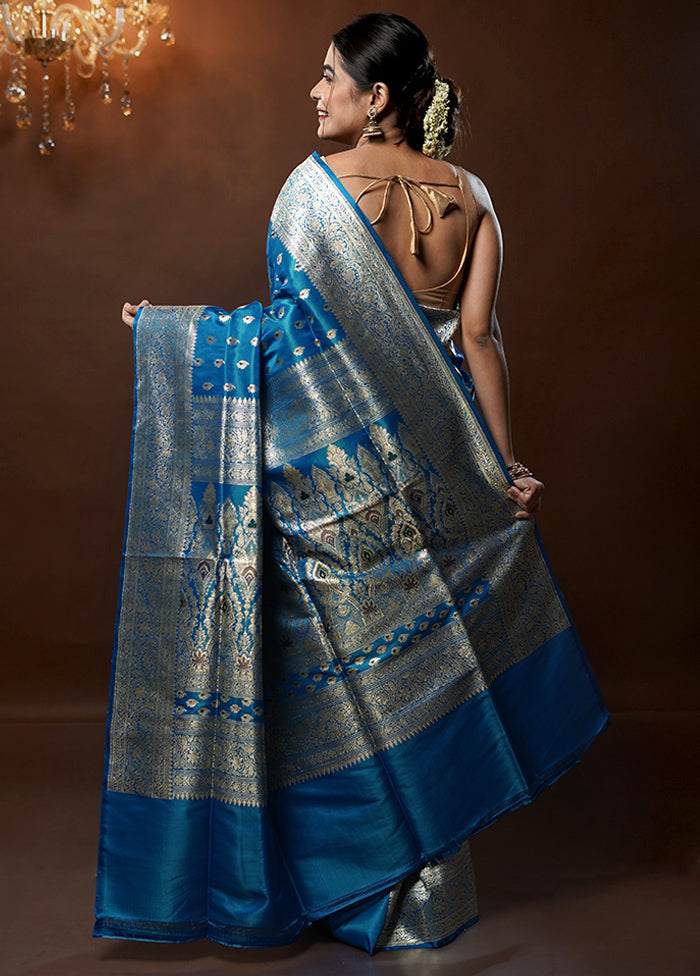 Blue Handloom Banarasi Pure Silk Saree With Blouse Piece