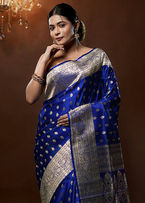 Blue Handloom Banarasi Pure Silk Saree With Blouse Piece