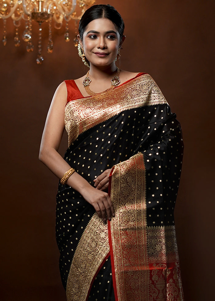 Black Handloom Banarasi Pure Silk Saree With Blouse Piece - Indian Silk House Agencies