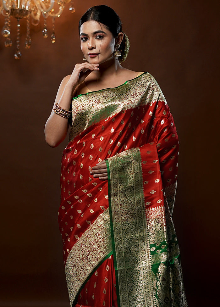 Red Handloom Banarasi Pure Silk Saree With Blouse Piece - Indian Silk House Agencies