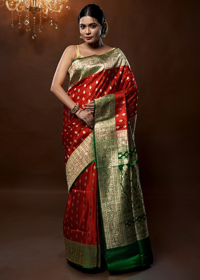 Red Handloom Banarasi Pure Silk Saree With Blouse Piece - Indian Silk House Agencies