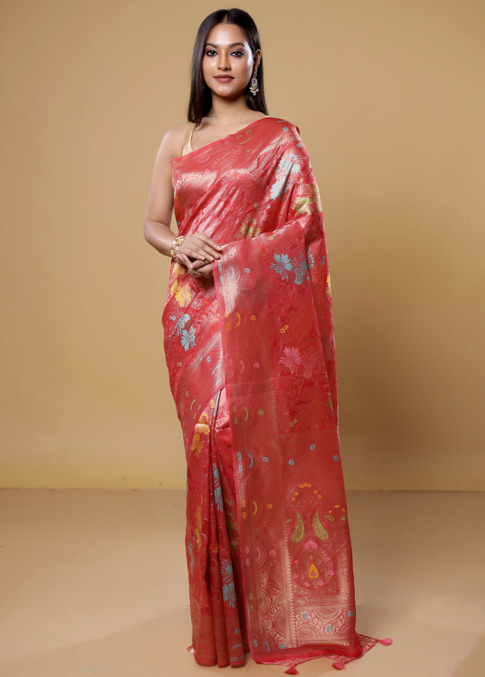 Red Organza Saree With Blouse Piece