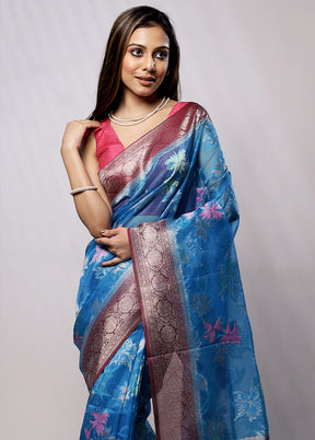 Blue Organza Saree With Blouse Piece